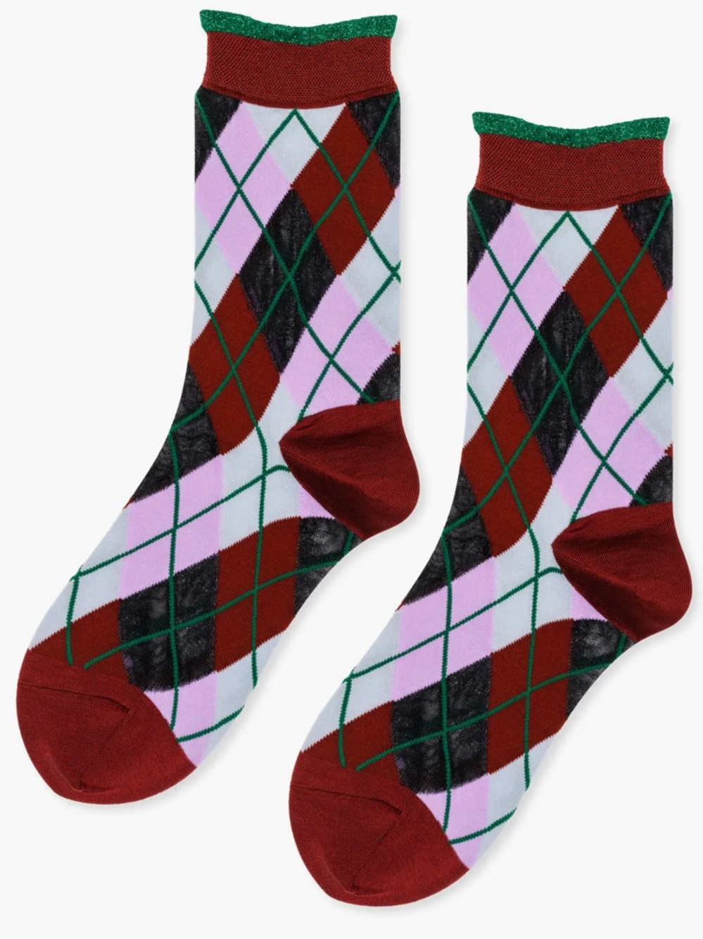 Argyle Crew Socks in Pink, Red & Green